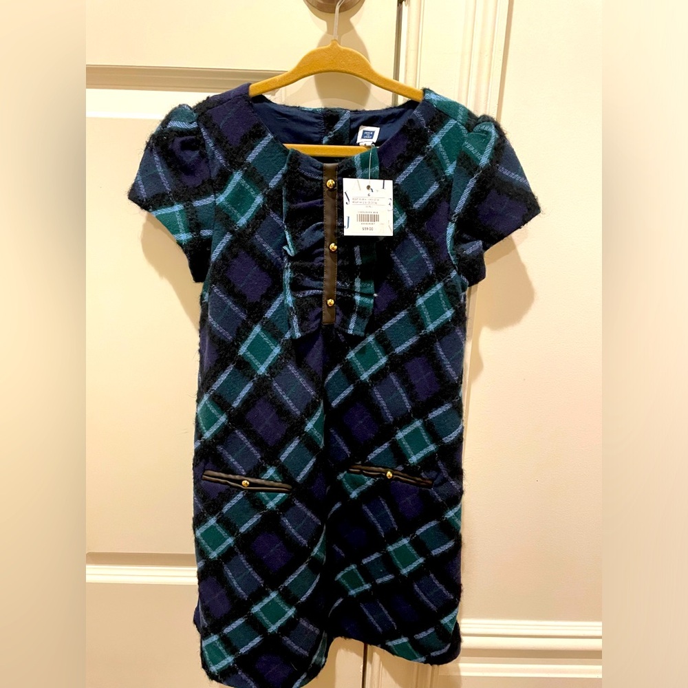 Janie and Jack dress, Size 6, Colors are green, black, navy, and white